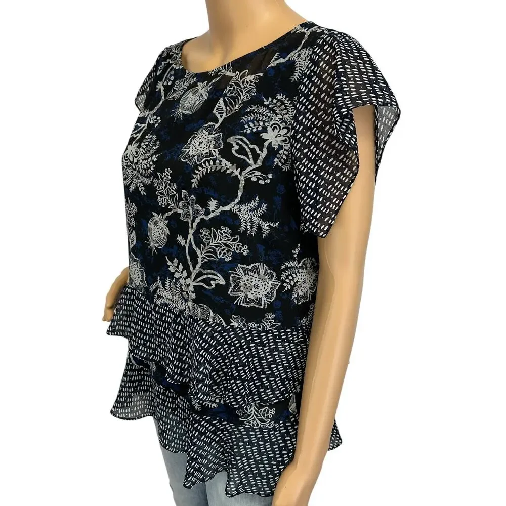 2/$15 Cabi Hybrid Layered Blouse Navy Blue Floral Ruffle Sleeve #5355 Size S